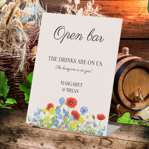 Watercolor Floral Rustic Country Open Bar Wedding Pedestal Sign