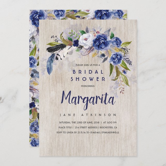 Watercolor Floral Rustic Navy Bridal Shower Invitation (Front/Back)
