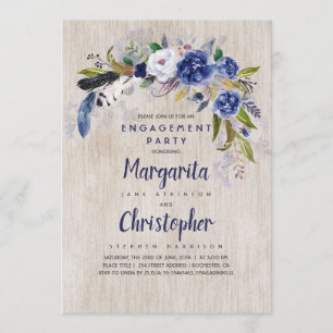 Watercolor Floral Rustic Navy Engagement Party Invitation