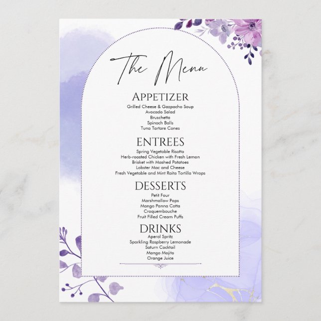 Watercolor Floral Rustic Purple Wedding Menu (Front)
