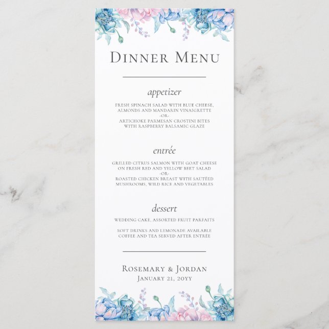 Watercolor Floral & Rustic Wood Farmhouse Dinner Menu (Front)