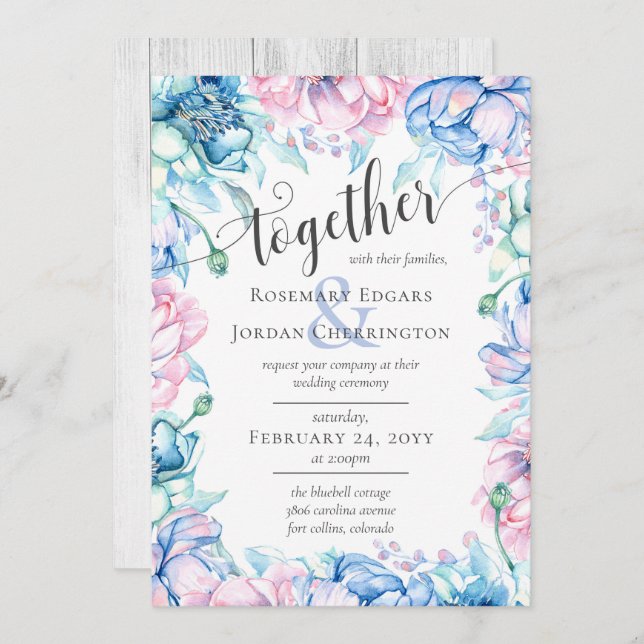 Watercolor Floral & Rustic Wood Farmhouse Wedding Invitation (Front/Back)