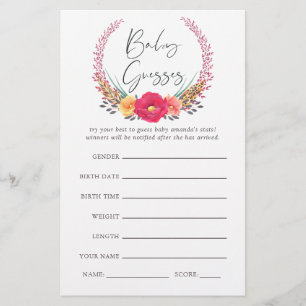 Watercolor Floral Safari Baby Shower Guesses Game