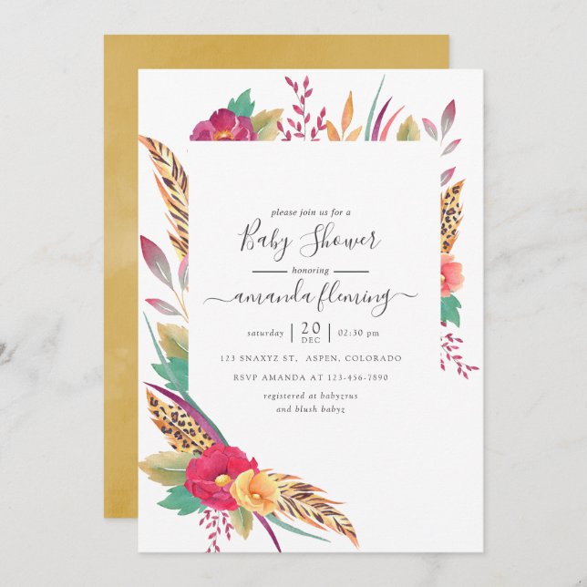 Watercolor Floral Safari Baby Shower Invitation (Front/Back)