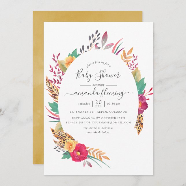 Watercolor Floral Safari Baby Shower Invitation (Front/Back)