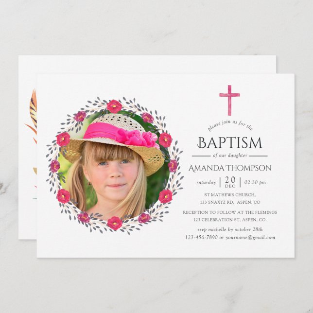 Watercolor Floral Safari Baptism or Christening Invitation (Front/Back)