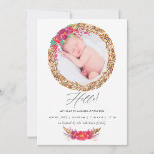 Watercolor Floral Safari Birth Announcement Card