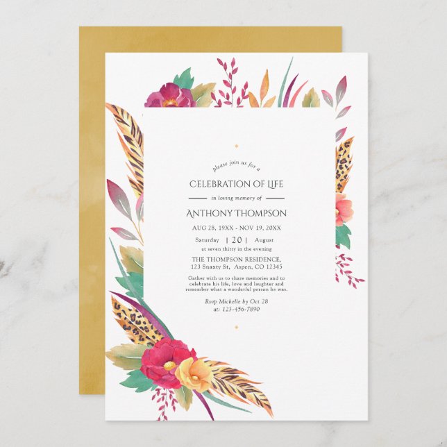 Watercolor Floral Safari Celebration of Life Photo Invitation (Front/Back)