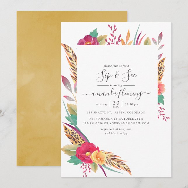 Watercolor Floral Safari Sip and See Invitation (Front/Back)