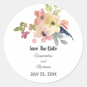 Watercolor Floral Save The Date Classic Round Sticker