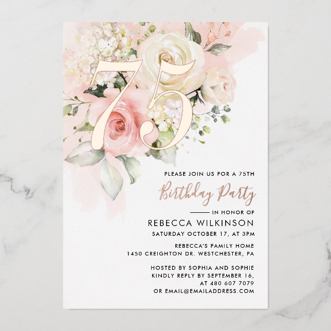 Watercolor Floral Script 75th Birthday Party (Front)