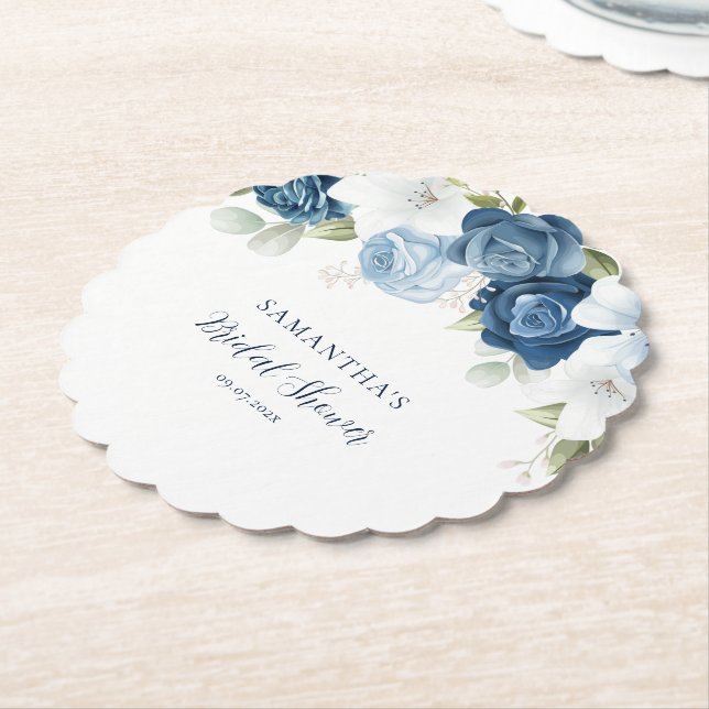 Watercolor Floral Script Modern Bridal Shower Paper Coaster (Angled)
