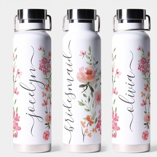 Watercolor floral Script Personalised Bridesmaid Water Bottle (Watercolor florals wedding bridesmaid personalized water bottle gift.)