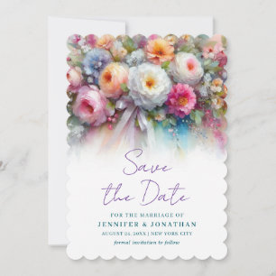 Watercolor Floral Script Save The Date Scalloped