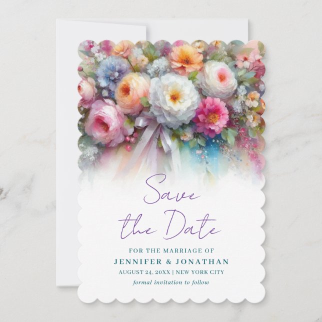 Watercolor Floral Script Save The Date Scalloped (Front)