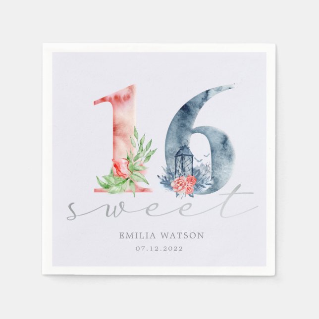Watercolor floral script silver sweet sixteen napkin (Front)