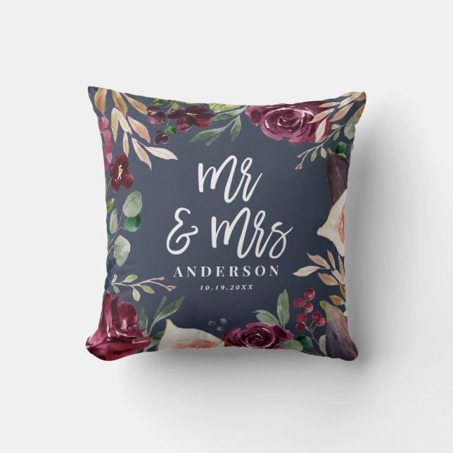 Watercolor floral + script wedding Mr & Mrs Cushion (Front)