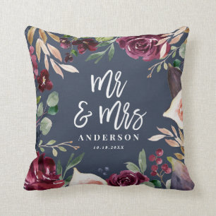 Watercolor floral + script wedding Mr & Mrs Cushion