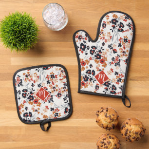 Watercolor Floral Seamless Flower Prints Monogram Oven Mitt & Pot Holder Set