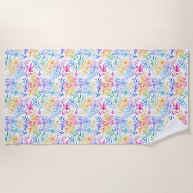 Watercolor Floral Seamless Pattern Beach Towel (Front)