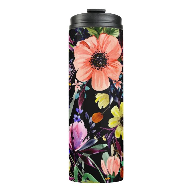 Watercolor floral seamless pattern. Different buds Thermal Tumbler (Front)