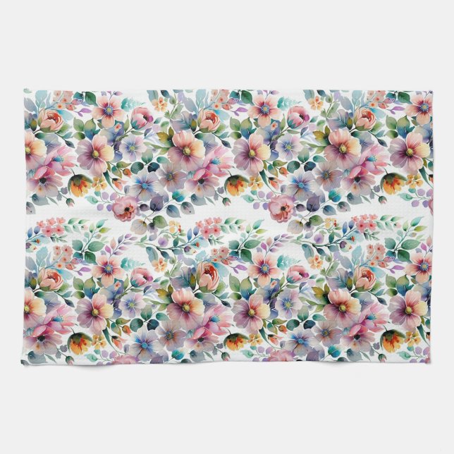 Watercolor Floral Seamless Pattern Tea Towel (Horizontal)