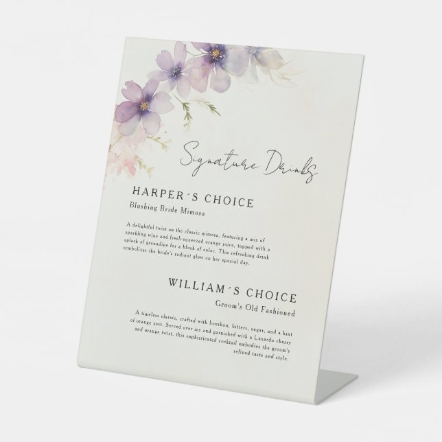 watercolor floral signature drinks wedding menu pedestal sign (Front)
