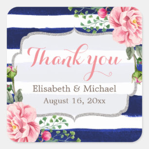 Watercolor Floral Silver Navy Stripes Thank You Square Sticker