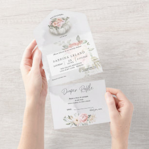 Watercolor Floral Silver White Pumpkin Baby Shower All In One Invitation