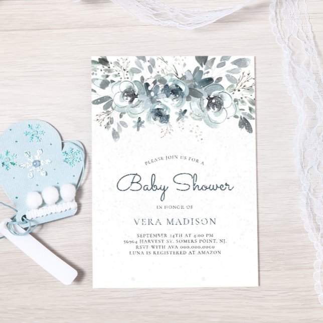 Watercolor Floral Snow Winter Baby Shower Invitation (Creator Uploaded)