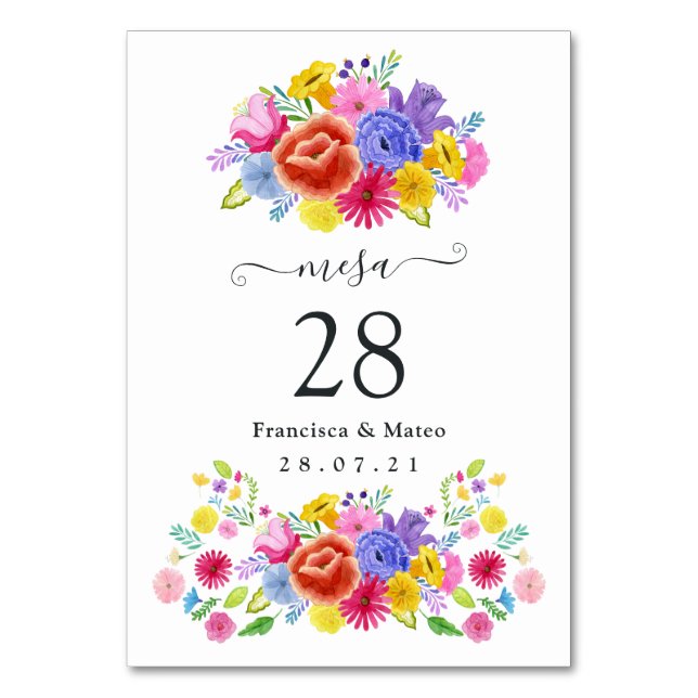 Watercolor Floral Spanish Fiesta Wedding Table Number (Front)