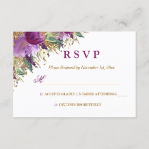 Watercolor Floral Sparkling Amethyst Wedding RSVP