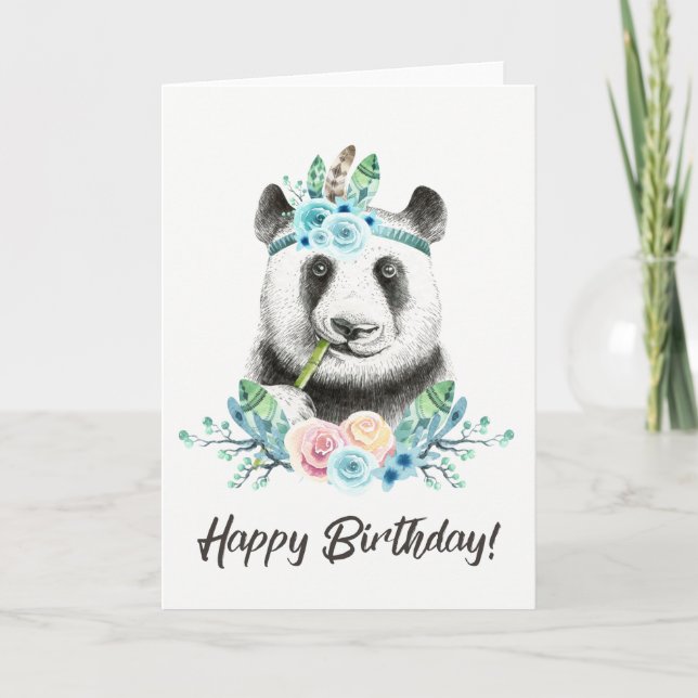 Watercolor Floral Spray Boho Panda Happy Birthday Card (Front)