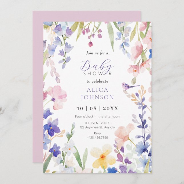 Watercolor floral spring baby shower Invitation (Front/Back)