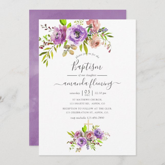 Watercolor Floral Spring Baptism Invitation (Front/Back)