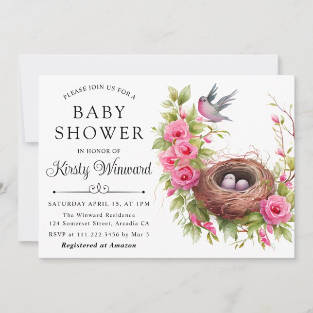Watercolor Floral Spring Bird Nest Baby Shower Invitation (Front)