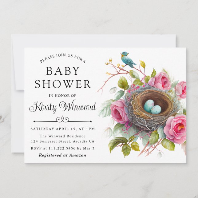 Watercolor Floral Spring Bird Nest Baby Shower Invitation (Front)