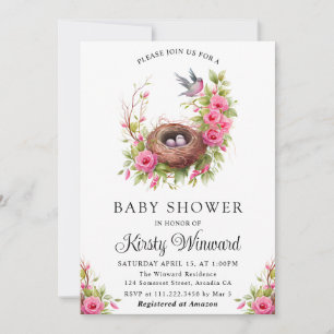 Watercolor Floral Spring Bird Nest Baby Shower Invitation