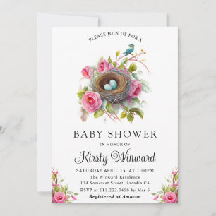 Watercolor Floral Spring Bird Nest Baby Shower Invitation