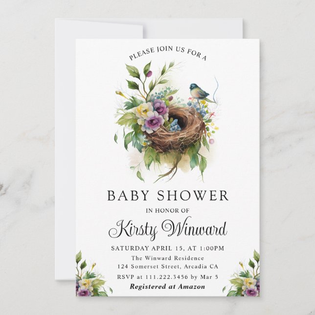 Watercolor Floral Spring Bird Nest Baby Shower Invitation (Front)