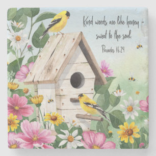 Watercolor floral spring birds stone coaster