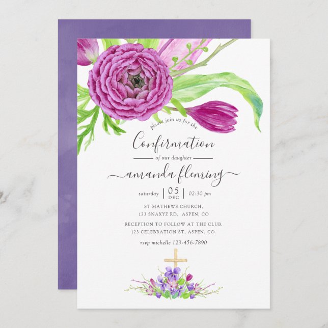 Watercolor Floral Spring Confirmation Invitation (Front/Back)