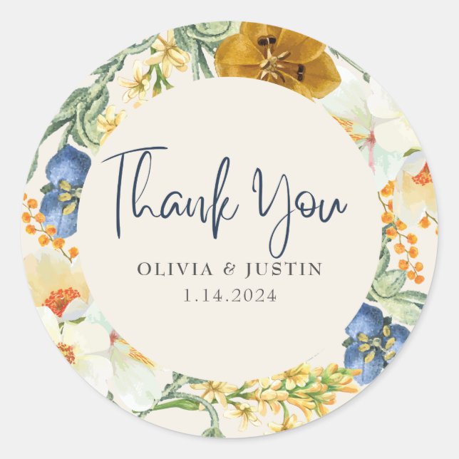 Watercolor floral Spring flowers Wedding Classic Round Sticker (Front)