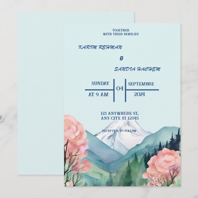 Watercolor Floral Spring Mountains Wedding  Invitation (Front/Back)