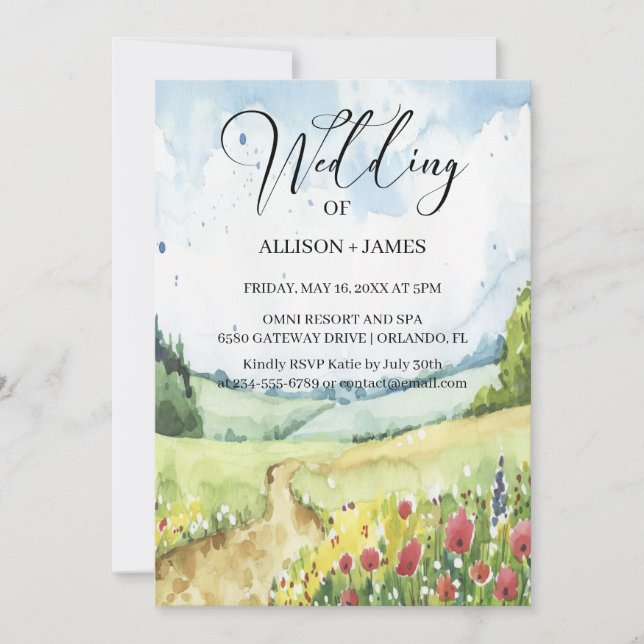Watercolor Floral Spring Mountains  Wedding  Invitation (Front)