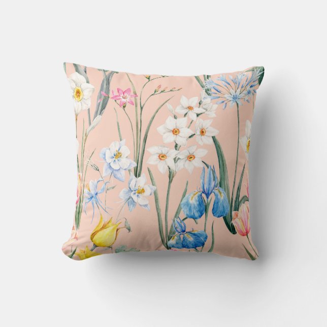 Watercolor floral spring pattern, botanical illust cushion (Front)