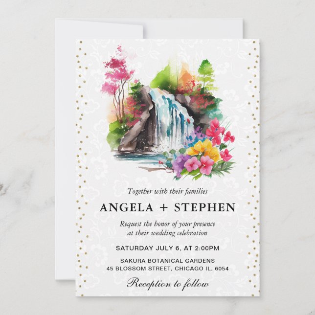 Watercolor Floral Spring Waterfall Wedding Invitation (Front)