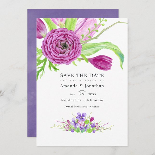 Watercolor Floral Spring Wedding Photo Save The Date (Front/Back)