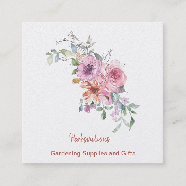 Watercolor Floral Square Business Card (Front)