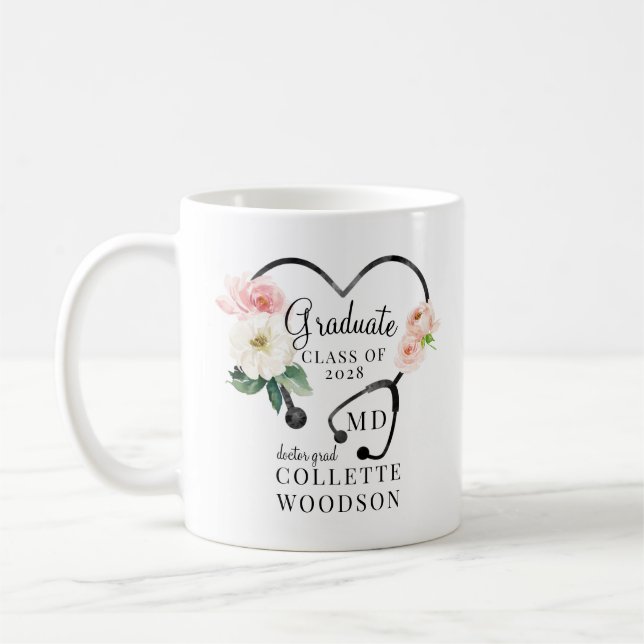 Watercolor Floral Stethoscope Doctor Graduation Coffee Mug (Left)